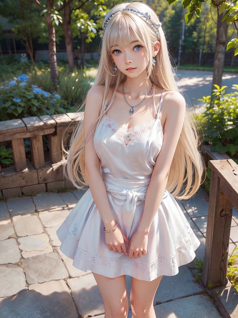 A adorable cute little girl standing with blue eyes, pale skin, smooth pale skin, skin tune pink, cute face, white hair, ponytail hair, super detailed, 8k
