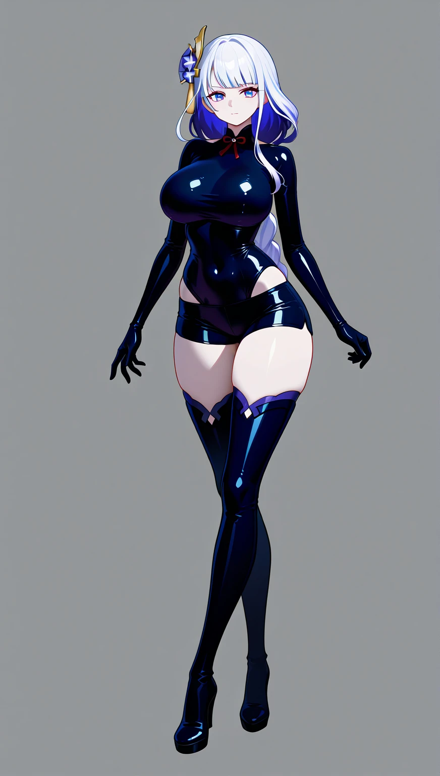 shiny紫色の猫のスーツを着て床に座っているアラリン, ラテックスshiny, Atsuko Kudo wearing latex costume, wearing a tight suit, smooth purple skin, purple body, shinyメタリックなshiny肌, shinyプラスチック, 未来的なshinyラテックススーツ, shinyプラスチック armor, Glossy skin, tight full body suit, wearing latex, shinyメタリックな, shining purple, shiny　open leg shaped legs　angry expression　Bad mood