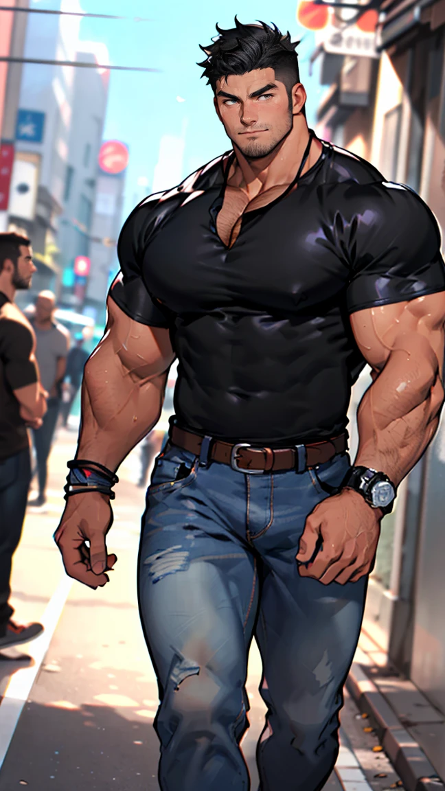 Young man, short blond hair, handsome face, tired expression, green eyes, large muscles, hyper pectoral, thick thigh, large butt. He's wearing a low-cut tank top, black pants, a backwards hat, and a silver chain around his neck, Big bulge. Scenery, party at night.