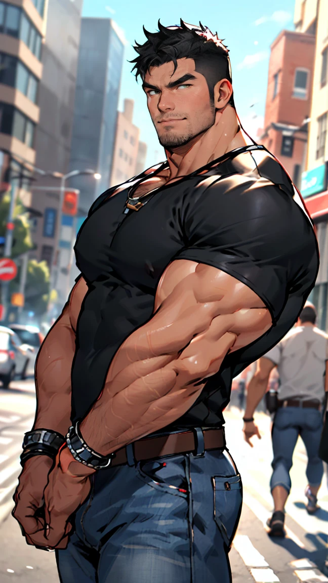 Masterpiece, denoise, void noise, one man, best quality, 8k resolution, male focus, focus only, amazing composition, volumetric lighting, super quality, elegant, Very detailed, front view, facing viewer, -----------, 35 years old, mature face, muscular, Caucasian, (((white skin, pale skin))), handsome, (detailed light-blue eyes), ((light blonde hair, messy medium hairstyle)), big ears, (hairy pectorals, thick plenty chest and body hair), (medium long beard), (((((Jim Sturgess mixed with Russell Tovey))))), (((big nipples, perky nipples))), ------------, ((((detailed black male scrub trousers)))), (((black male scrub top))), (((stethoscope))), ((sitting)), (((face close-up))), (((shy)))