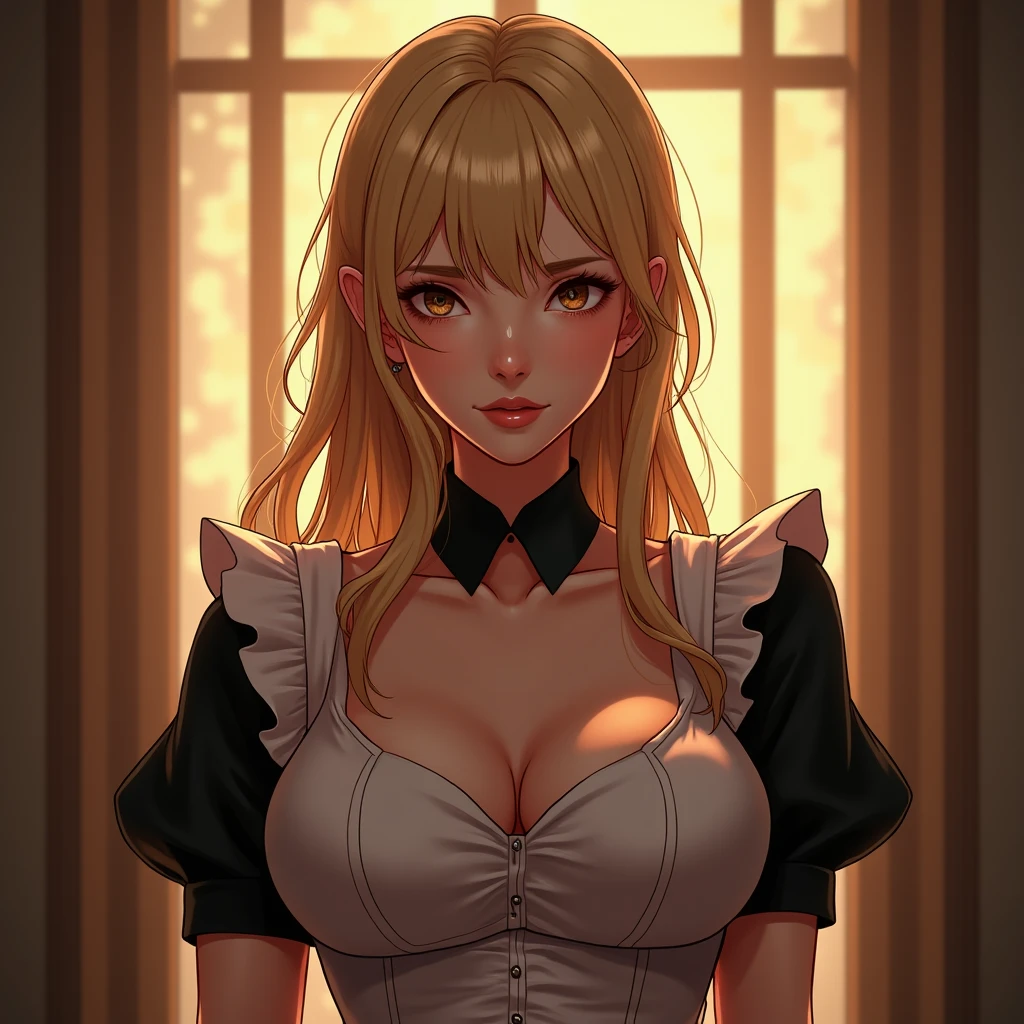 A beautiful woman, (( maid, cafe background)), perfect body figure, beautiful face, milf, age 46, royal, blond color hair, fine details, cinematic lighting, beautiful lighting effect, creative design, full frame, divine aura, shining light, perfect color transition, perfect balance of contrast, perfect color layer, perfectly smooth color blur, soft rendering, smooth color stroke, sun glare, optic lens, light ray, soft colors, smooth colors blend, perfect color rendering, harmony, perfect color harmony, light particles, perfect details, intricate details, color prism, fine clothes, fine details, creative maid clothes design