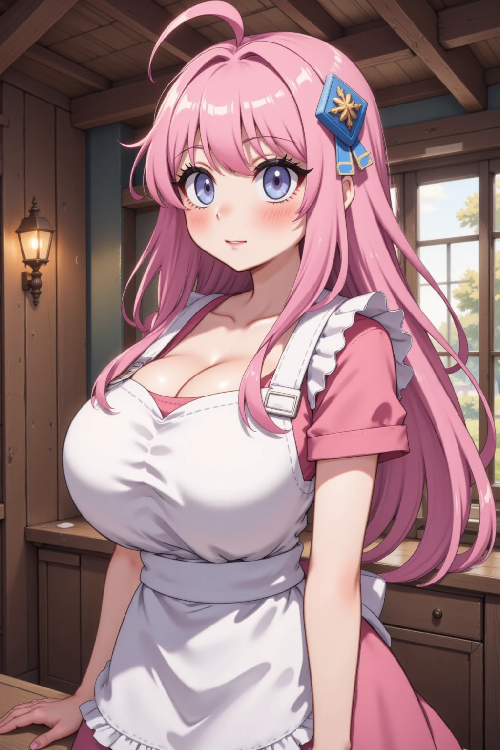 (masterpiece、highest quality、Super detailed)、((One girl))、((Pink Hair))、((Twin tails))、((Light blue eyes))、Open Mouth、((Stretching out the tongue))、Earrings、((Very large breasts))、((naked apron))、((bent over))、Cowboy Shot、Kitchen Background