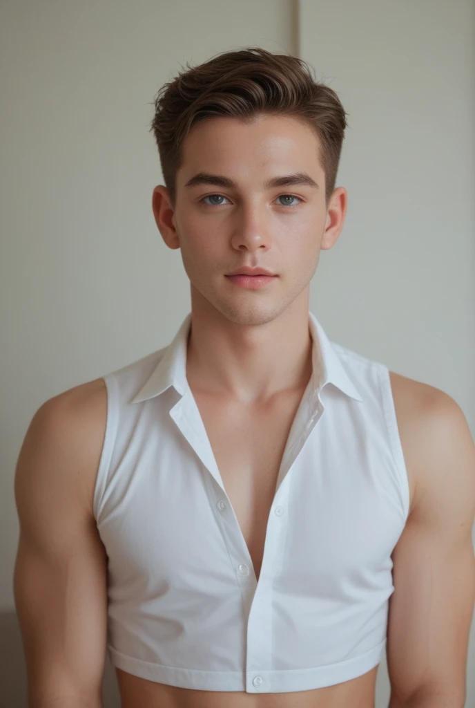 headshot, <lora:mick_lovell-07:1> photo of mick_lovell, looking at viewer, wearing a light blue tank top, relaxed natural expression, (smirk:0.5) BREAK blurred brick background, soft diffused lighting, golden hour