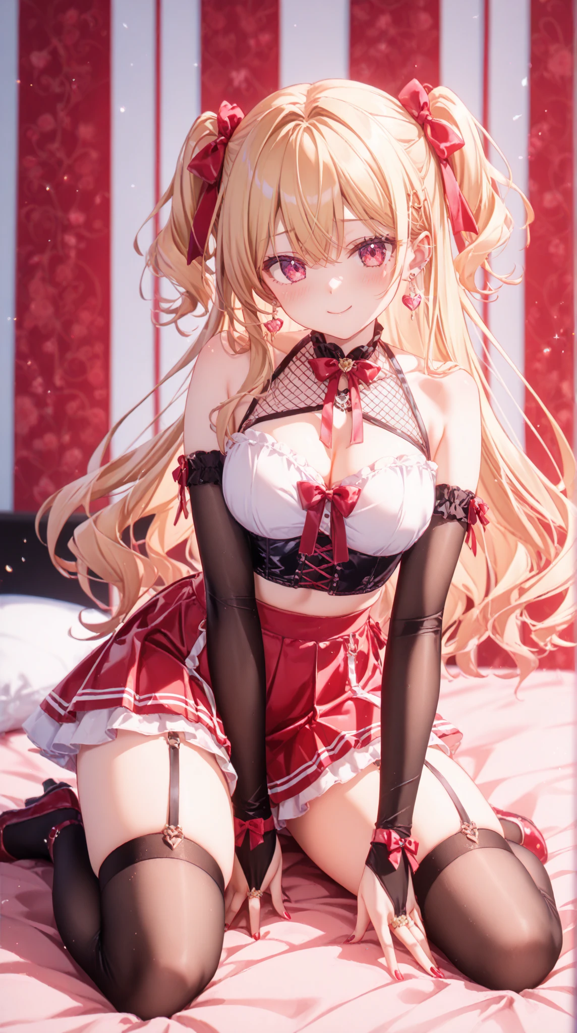 On the table, best qualtiy, 1 girl in,Flandre Scarlet,Blonde side ponytail、Bedroom background、Kneeling Pose、Breasts visible from disheveled clothes、HCup Breast、red blush、Drooling is dripping from the mouth