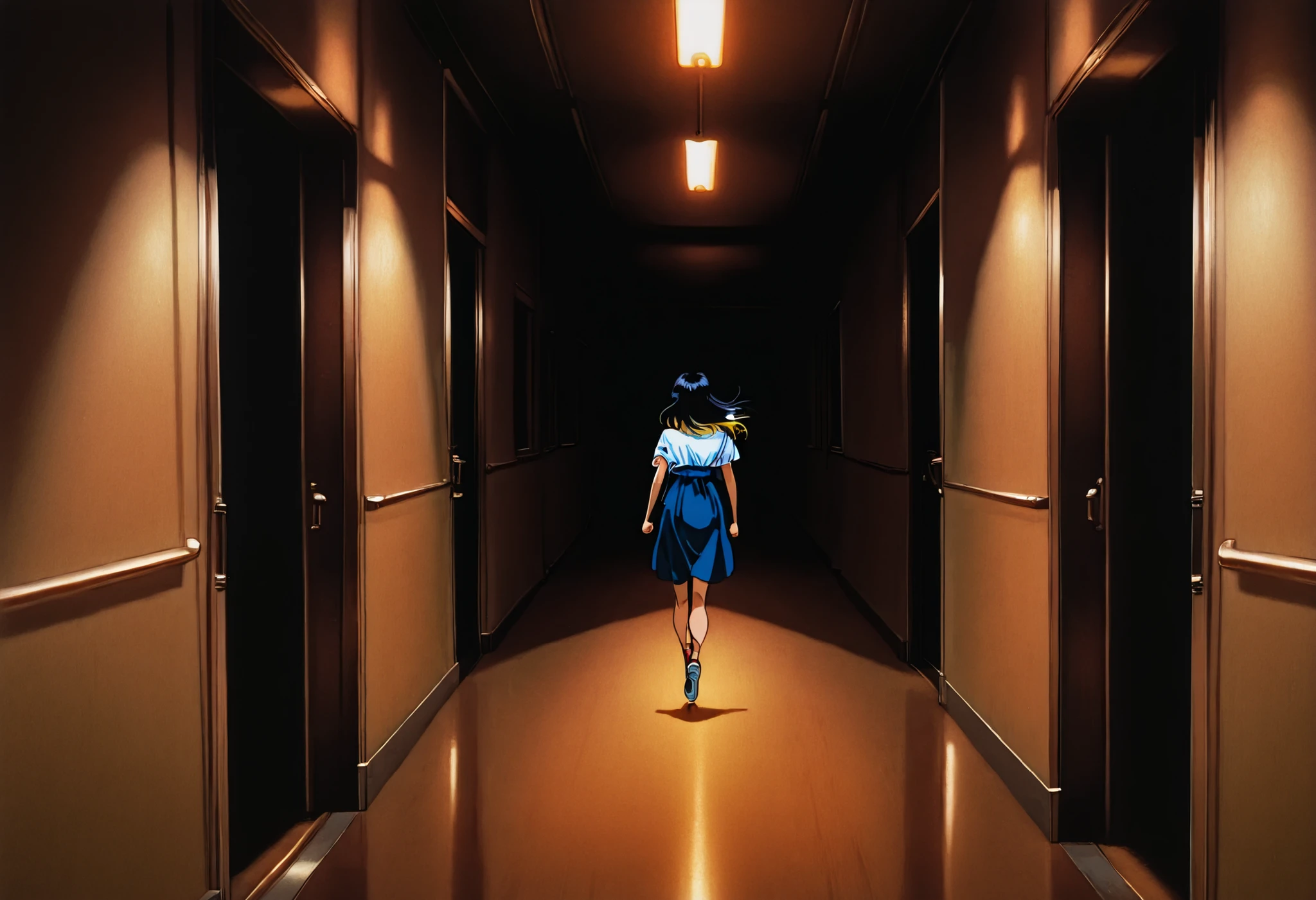 1girl, a girl running desperately in a dimly lit hallway, she has shoulder-length hair, black hair with yellow tips, suspenseful atmosphere, chiaroscuro lighting, vintage horror vibe, cinematic framing, masterpiece,best quality,amazing quality,90s_anime_aesthetic, 1990s (style), retro