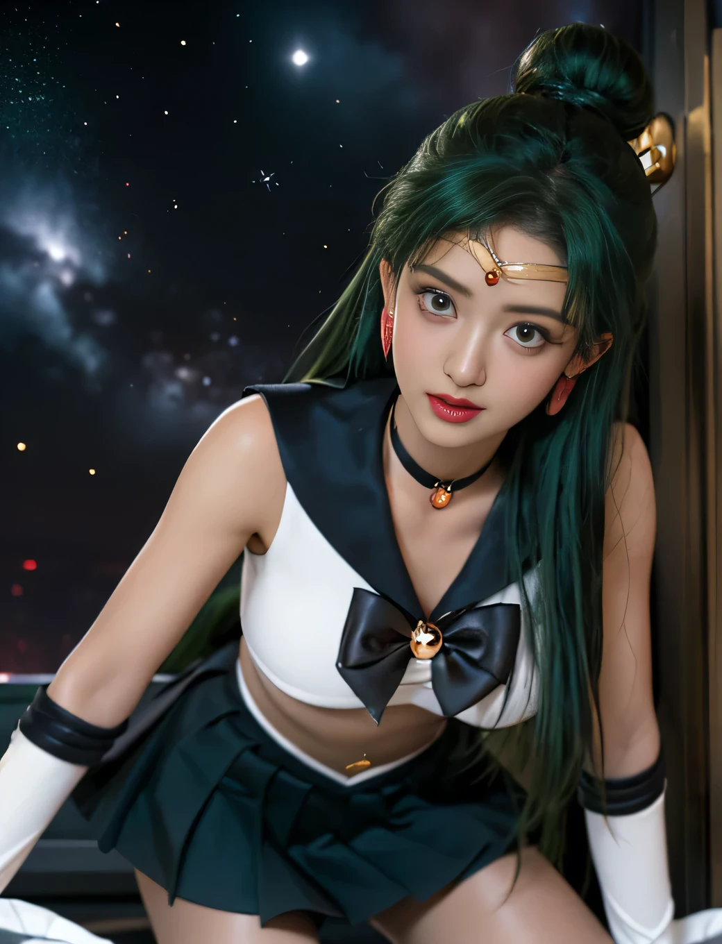 Ful:1., ((shy smiling flirting)) kneeling 、De baixo、((battle stance))、SEXY Model Dynamic Pose、dynamic nail、propriedade_Uma equipe,((pele escura:1.5)),(maternal,housewife,1 female,)、40 anos、obra prima、..3d、realisitic、Ultra Micro Photography、superior quality bathtub、Ultra detailed CG unity 8k wallpapers、(sailor pluto,Single Pan Hair Tiara Uniform Sailor Senshie Gloves Skirt),((Sailor Pluto uniform,SetsunaMeiou, Luxurious golden tiara on the forehead:1.4、Mini black pleated metallic skirt:1.2、Huge dark brown bow on the chest:1.3、Black gloves on the elbows:1.1、Large black collar、Red brooch,Luxury Gold Decoration,Key Chase Accessories at the waist))、intricate details、((single ponytail,Incredibly long very long green hair:1.hiny beautiful straight long very long green hair:1.2)),(red-eyed,cabelo_bom, Meishaonv)、(Uniforme Sailor Senshi、bare arms:1.2、Mangas,Long white latex gloves with luxurious golden decoration:1.3、very large dark brown bow behind the waist:1.1、 Sexy and boldly large neckline、Gold ring shaped earrings,Knee-length long boots in glossy black with luxurious gold décor), (Hmjupiter,horse-tail, Tiarra, jewelries, Uniforme Sailor Senshi, Gargantilha, Elbow Woods, ),I have a giant key wand,(Slim Fitted High Gloss Silver-White Holographic Leather:1.3,Silver and sexy white gravette high-leg swim dress)、 ((very pretty face、Face Details:1.5、Beautiful expression of glowing red eyes、Olhos belos、glowing eyes trees、thin lips:1.3、thin, sharp, pale eyebrows,、long dark eyelashes、Double eyelashes))、Luxurious huge white winguscular muscles:1.2、 muscular abs:1.2、、huge breasts 、big woman,alto,Perfect tall and glamorous proportions、thick thighs,big ass,Visible Pore、perfect hand:1.5、highly dramatic picture、Strong natural light、perfect sunlight and shadow、Lightning space background galaxy, ((kneeling )) ,((( leaning forward))) , dinámic camera angles