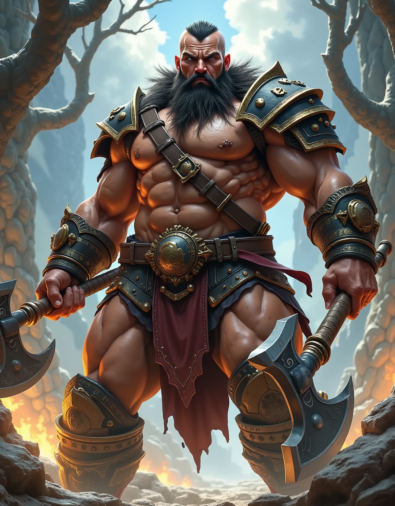 Anime man with brown skin, fairly muscular, no hair and has a big black beard. He is holding a large axe with red stripes and this axe is releasing a red liquid. Chains are tied to the arms. He wears a white blouse and a black leather jacket..