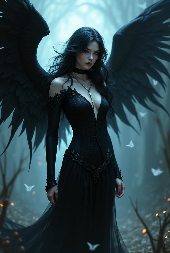 An angel,your skin is clear as snow,she wears dark lipstick,two dark wings,your dark hair with your yellow eyes,she wears a tight and elegant black dress,which is both seductive and imposing,the dress is sleeveless and has a deep V-neckline,that highlights the character's bust,the piece is adorned with golden chains that fall gently over the chest and hips,adding a touch of sophistication and richness,neutral,hq-style(Comics looking like a medieval RPG)