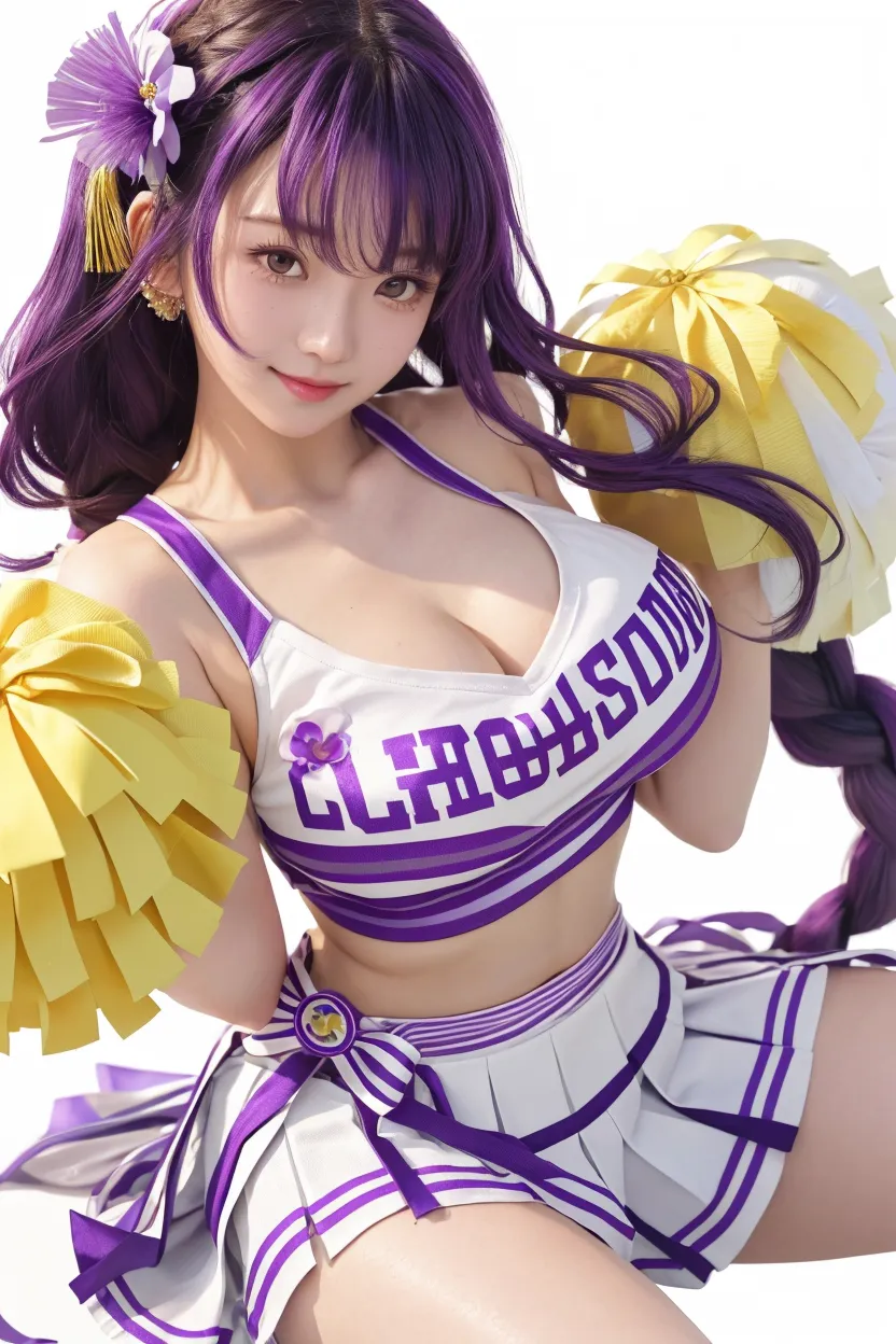 透け透けなCheerleader、Big Tits、Transparent nipples、Sheer skirt、Cheerleader、volleyball、Purple Hair