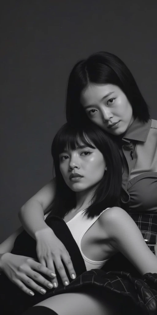 there are two women that are posing for a picture together, sisters, inspired by Ruth Jên, by Ruth Jên, portait image, two women, historical image, old picture, collodion photograph, ao dai, with a twin, black and white picture, lost photo, an old balck and white photo, old photo, a black and white photo