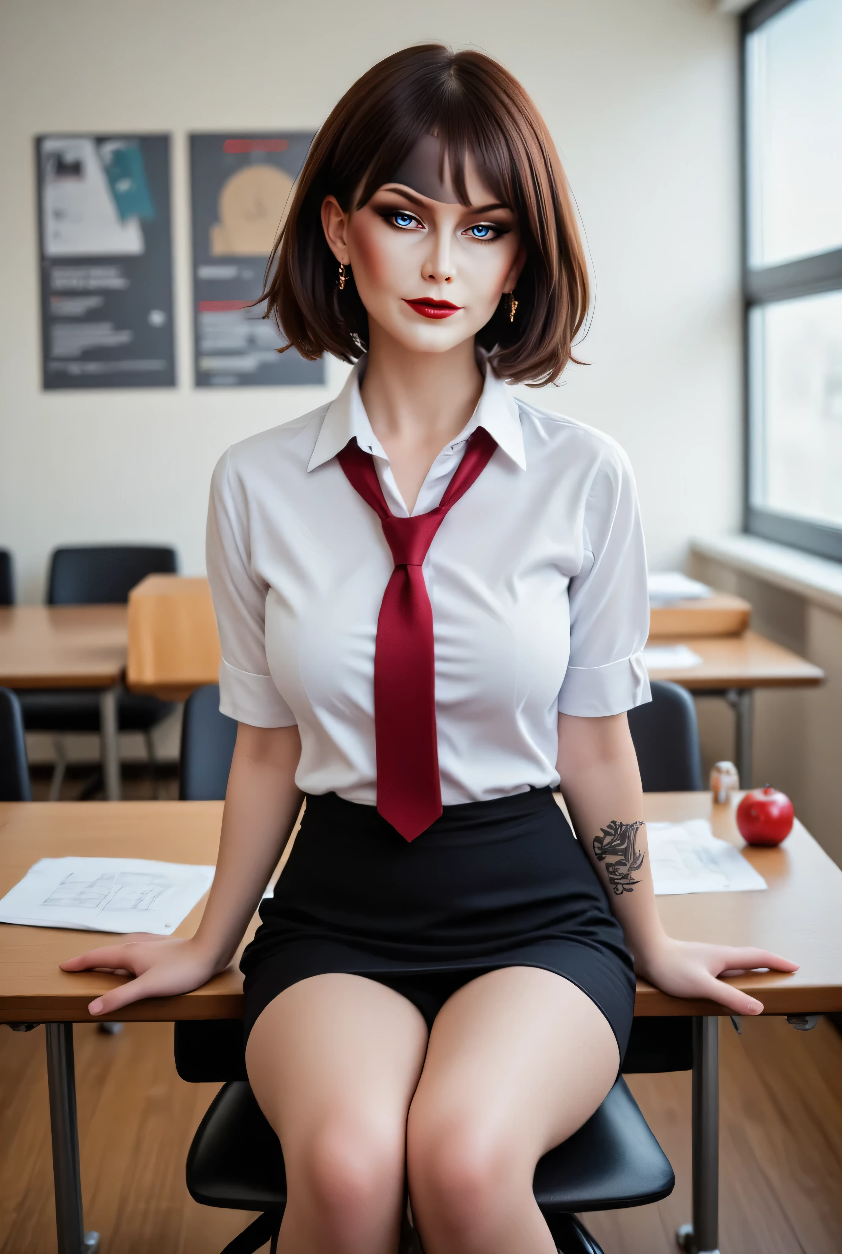 photo of a woman, jamielc-3136:0.99, ((short hair, pixie cut, dark brown hair):1.2), ((cowboy shot, waist, hips, thighs):1.2), ((sitting, chalkboard, classroom):1.3),((red lipstick,heavy eyeliner, heavy eye shadow, blush):1.2), ((white shirt, skirt, red necktie, thighhighs):1.2) ((best quality, masterpiece, extreme details, high resolution):1.2), ((detailed eyes, beautiful eyes, detailed face, beautiful face):1.2)