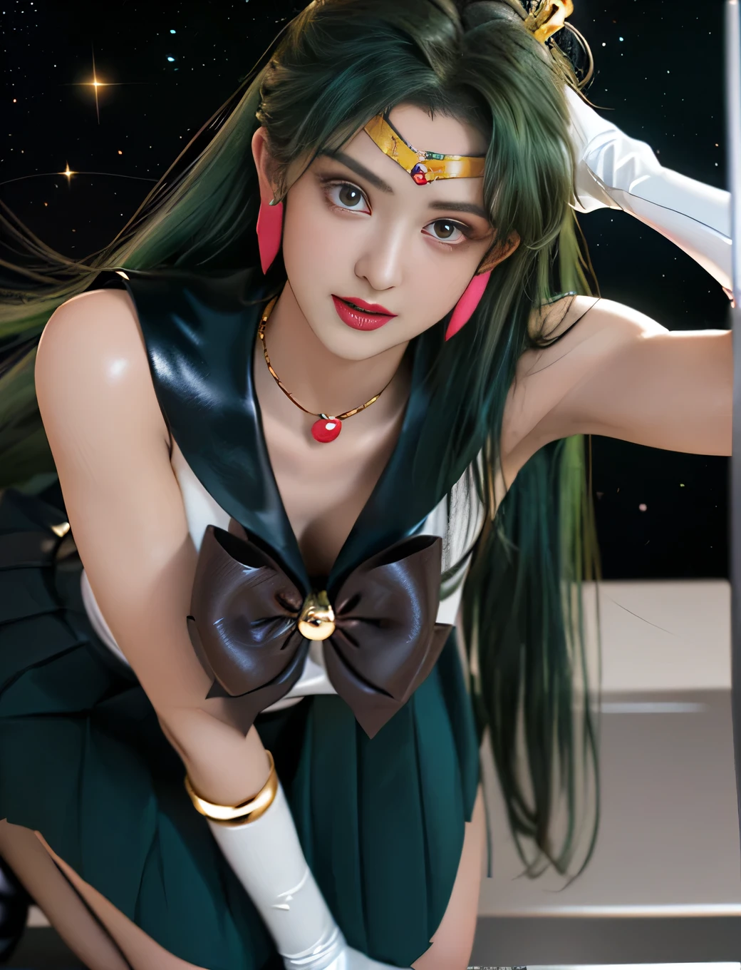 Ful:1., ((shy smiling ),((( hands behind head)) 、De baixo、((battle stance))、SEXY Model Dynamic Pose、dynamic nail、propriedade_Uma equipe,((pele escura:1.5)),(maternal,housewife,1 female,)、40 anos、obra prima、..3d、realisitic、Ultra Micro Photography、superior quality bathtub、Ultra detailed CG unity 8k wallpapers、(sailor pluto,Single Pan Hair Tiara Uniform Sailor Senshie Gloves Skirt),((Sailor Pluto uniform,SetsunaMeiou, Luxurious golden tiara on the forehead:1.4、Mini black pleated metallic skirt:1.2、Huge dark brown bow on the :1.3、Black gloves on the elbows:1.1、Large black collar、Red brooch,Luxury Gold Decoration,Key Chase Accessories at the waist))、intricate details、((single ponytail,Incredibly long very long green hair:1.hiny beautiful straight long very long green hair:1.2)),(red-eyed,cabelo_bom, Meishaonv)、(Uniforme Sailor Senshi、bare arms:1.2、Mangas,Long white latex gloves with luxurious golden decoration:1.3、very large dark brown bow behind the waist:1.1、 and boldly large neckline、Gold ring shaped earrings,Knee-length long boots in glossy black with luxurious gold décor), (Hmjupiter,horse-tail, Tiarra, jewelries, Uniforme Sailor Senshi, Gargantilha, Elbow Woods, ),I have a giant key wand,(Slim Fitted High Gloss Silver-White Holographic Leather:1.3,Silver and white gravette high-leg swim dress)、 ((very pretty face、Face Details:1.5、Beautiful expression of glowing red eyes、Olhos belos、glowing eyes trees、thin lips:1.3、thin, sharp, pale eyebrows,、long dark eyelashes、Double eyelashes))、Luxurious huge white winguscular muscles:1.2、 muscular abs:1.2、、 、big woman,alto,Perfect tall and glamorous proportions、thick thighs,big ass,Visible Pore、perfect hand:1.5、highly dramatic picture、Strong natural light、perfect sunlight and shadow、Lightning space background galaxy, ((kneeling )) ,((( leaning forward))), from above