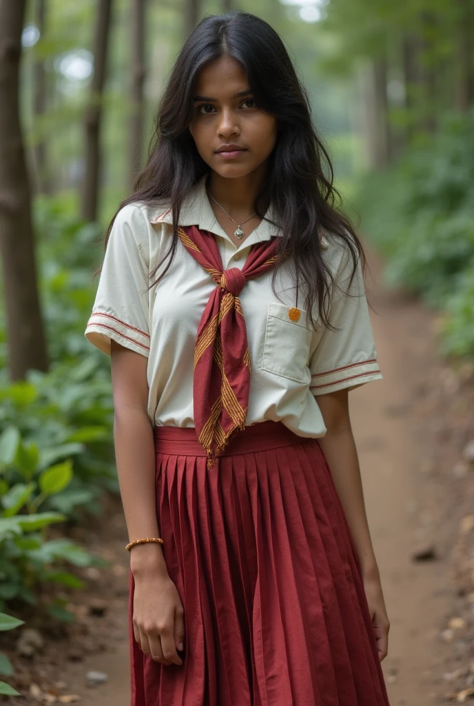 Beautiful White Indian  girl in school uniform, realistic photo, large breasts , hands tied up to a tree with ropes, hands above head, summer forest, detailed hands and face and eyes, looking away, full body, shot from above, 16k UHD
