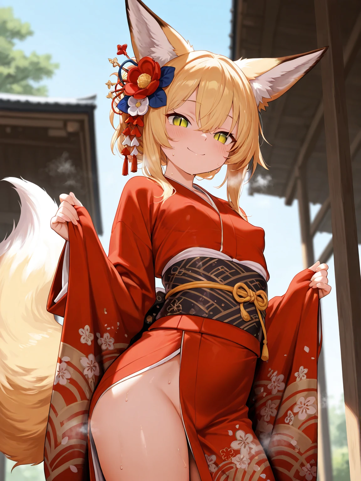 NSFW,masterpiece,Highest quality,High resolution,Super detailed,Sen、Blonde、Animal ears、Fox Ears、blush、Animal earsの毛、hair ornaments、Fox Girl、Hair Flowers、Hair between the eyes、Short Hair、Fox's Tail、tail、Flat Chest、Yellow Eyes、Young girl,Shrine maiden、kimono、Ribbon mesh sleeves,((Oho face)),Embarrassed,blush,Leg spread,excited,??????,??????,Trembling,(??????),(Squirting),(Ahegao),Roll your eyes、squint,Middle-aged men,(Having intense ???),Insert,????????,shrine,torii