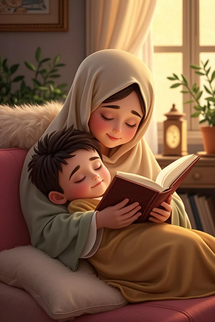 A Islamic child is sitting next to his Islamic religion grandmother in the living room, where the fireplace is radiating warmth, and the grandmother has a book in her hand. She wants to hear her little son, the parasite, the parasite. The sky, the planets, the stars, the moon, and you with the trees and mountains shining through the window of the room.