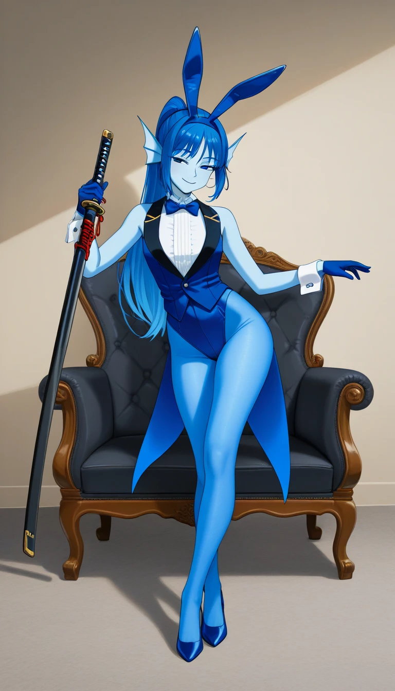 1girl, solo, (masterpiece, best quality:1.4),((best quality)), ((highly detailed)), masterpiece, absurdres, (detailed eyes, deep eyes), from beside, Ursula Callitis, blue hair, red eyes, white pupils, glasses, smiling, breasts, bunny, rabbit ears, dark blue leotard, detached collar, aqua bow, fishnet pantyhose, wrist cuffs, white gloves, dark blue high heels, full body shot