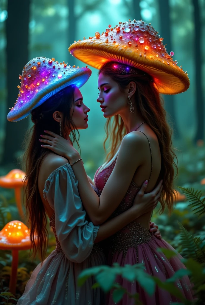 A blonde woman, A brunette woman, slickedback hair, toadstools, Enchanted World, psychedelic 