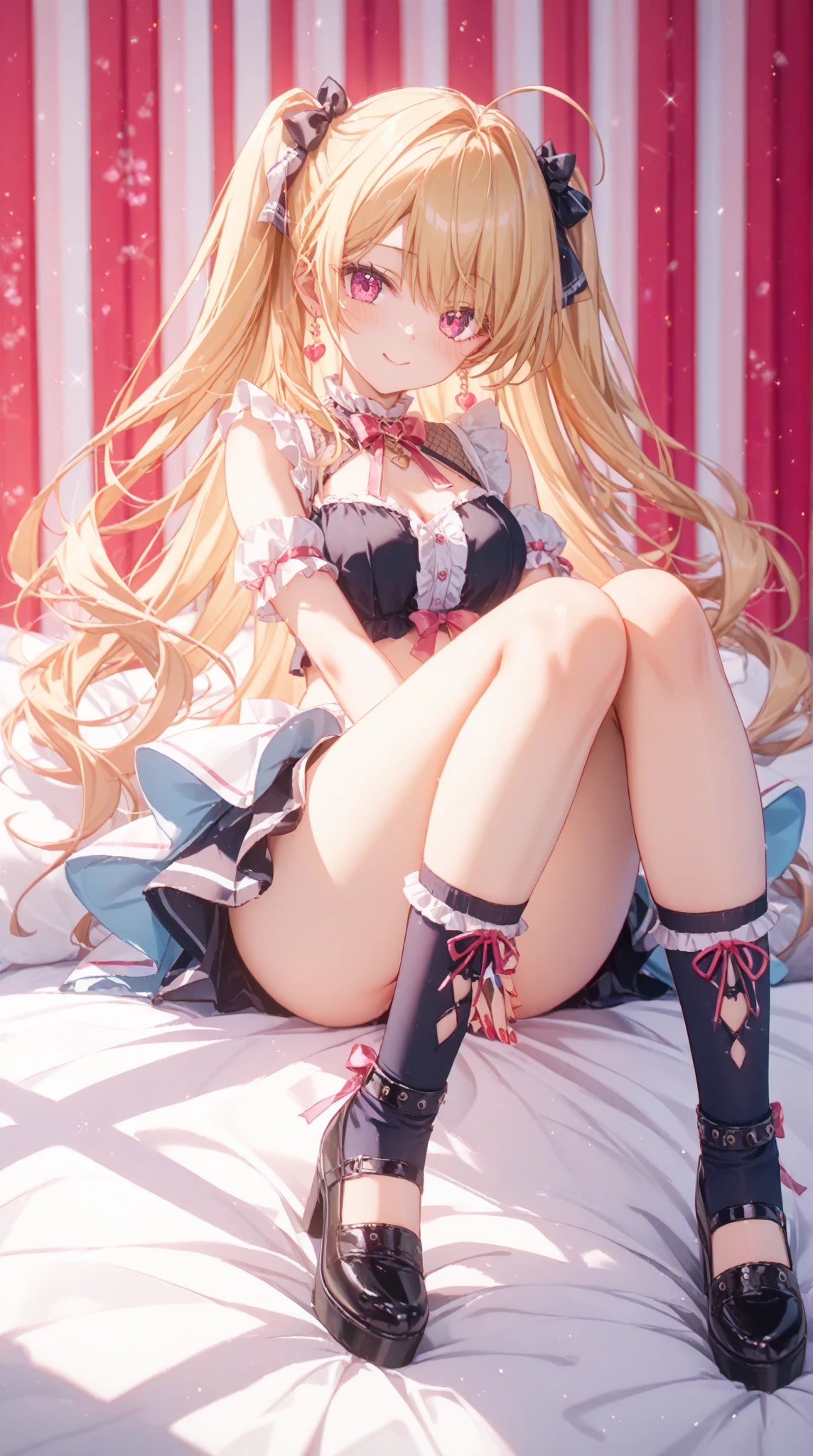 19 years old pop idol girl with a magcal girl theme, long blond hair, red eyes, her outfit consists of a belly free top tha shows just a glimbs of cleavage and a frilly skirt as well as heels and thigh high socks all in the same magical girl theme and collor sheme,(high quality, master piece, 4k)