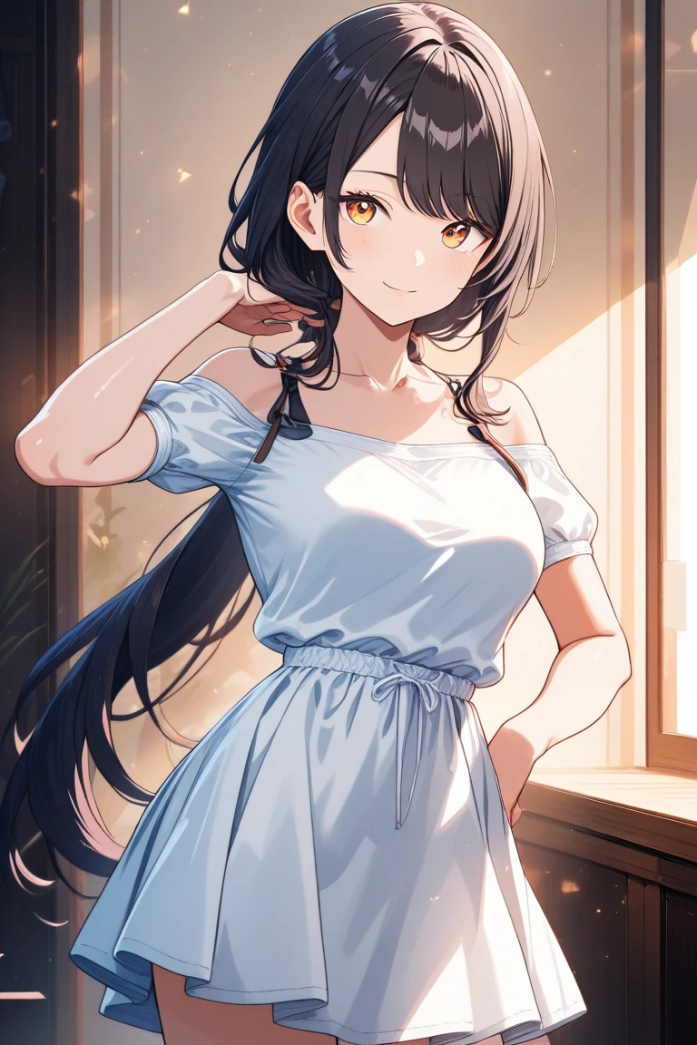 masterpiece, Highest quality, High resolution, Very detailed,(((Rice shower on the balcony))), (((White T-shirt))), (((smile))), Black Skirt,  sunset
