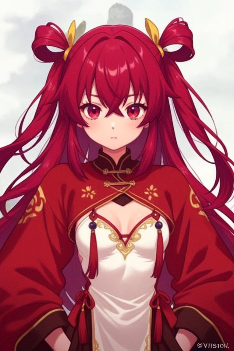 girl, empress, 20yrs old, beautiful, face paint in form of dots, eyeliner, wearing traditional robe, red robe, high quality,