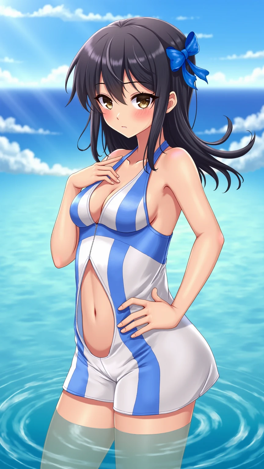 1girl, solo, multiple colored hairs, smile, leaning forward, outside, posing, background, amazon warrior outfit, ponytail, (frontal view), front, face to face, front view, 9 years old, (tomboy), black hair, slender, pert ass, high details, sharp detailed face, detailed eyes, young, long and wild amazon hair, amazon, long hair, tattoo, tanned, in a tribal village with leaf huts and tents, very small breasts, fur, revealing amazon outfit, ikuchan, thong,  pregnant, pregnancy, pregnant belly. Big boobs, large boobs, senos grandes. tired, sigh, sweaty, sweat on her forehead, hand on her forehead