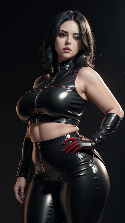 (Selene from Underworld wearing Glossy enamel red leather jacket, Glossy enamel black tanktop and Glossy enamel black pants), (bob wavy black hair), (pale skin), (serious face), (solid color background), dynamic angle shot, dynamic pose, studio lighting, photo realism, intricate face detail, intricate hand details, highly detailed, vibrant colors, cinematic, high definition, trending on Artstation--style raw, (chubby:1.3) (huge breasts:1.3), (wide hips:1.2), ((thick thighs:1.3)