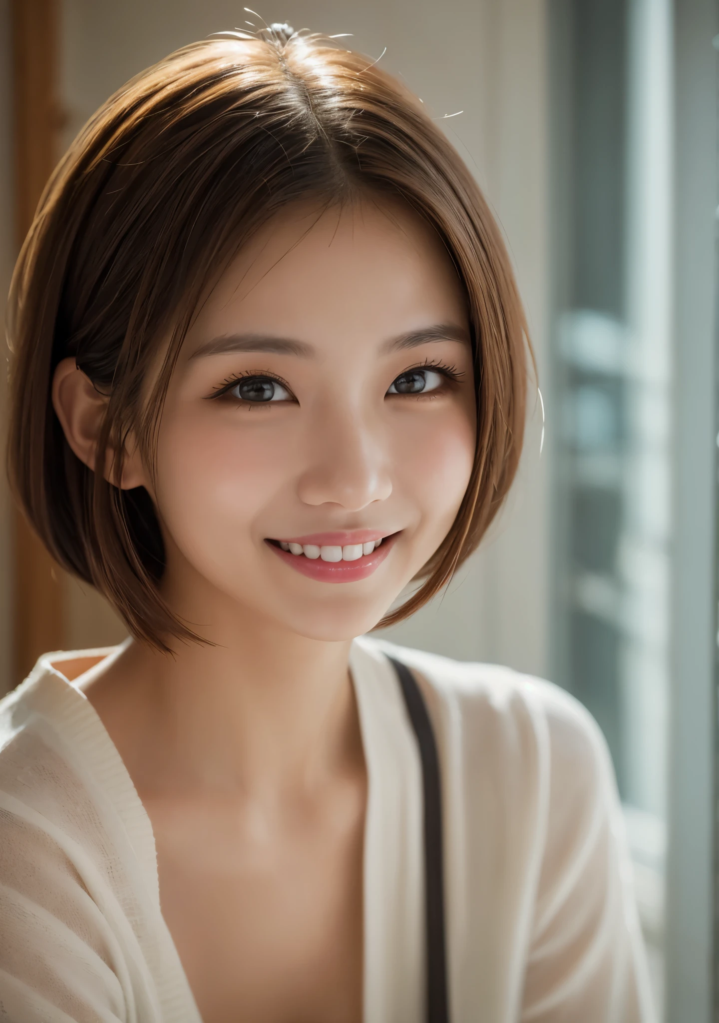 Highest quality. Tabletop, 8k, Best image quality, Award-winning works, One Girl, , Perfect V-neck long knit red sweater, Waist up upper body shot, (Look forward), Red eyeshadow, Perfect Makeup, Long eyelashes, Ultra HD Shining Eyes, Ultra HD Hair, Ultra-high resolution glossy lips, , Ultra HD cute face, Brown Hair, Very short straight hair, Look at me and smile, clavicle, Accurate anatomy, Face close-up, Luxury Love Hotel, The most atmospheric and warm lighting, Blurred Background