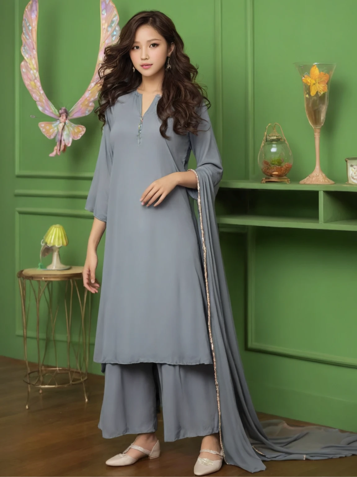 In this cinematic portrait, an elegant Indian model stands poised, dressed in a sophisticated ((brown kurti))with intricate floral patterns. The kurti features a ((round neckline))with a subtle front slit, elbow-length sleeves, and a straight cut that falls just below the knee with side slits for ease of movement. She pairs it with stylish white ((strappy heels)), adding a modern twist to her traditional outfit.
The model's posture is confident and graceful, with one ((hand resting on her hip))and the other holding a chic ((white tote bag)). Her soft smile and engaging eyes create a captivating connection with the viewer. The dark background and expert use of rim lighting highlight her silhouette, while key lights accentuate the rich textures and details of the kurti. The interplay of light and shadow adds depth and dimension, creating a timeless and elegant ambiance. This cinematic lighting effect enhances the model's natural beauty and the sophisticated charm of her attire.