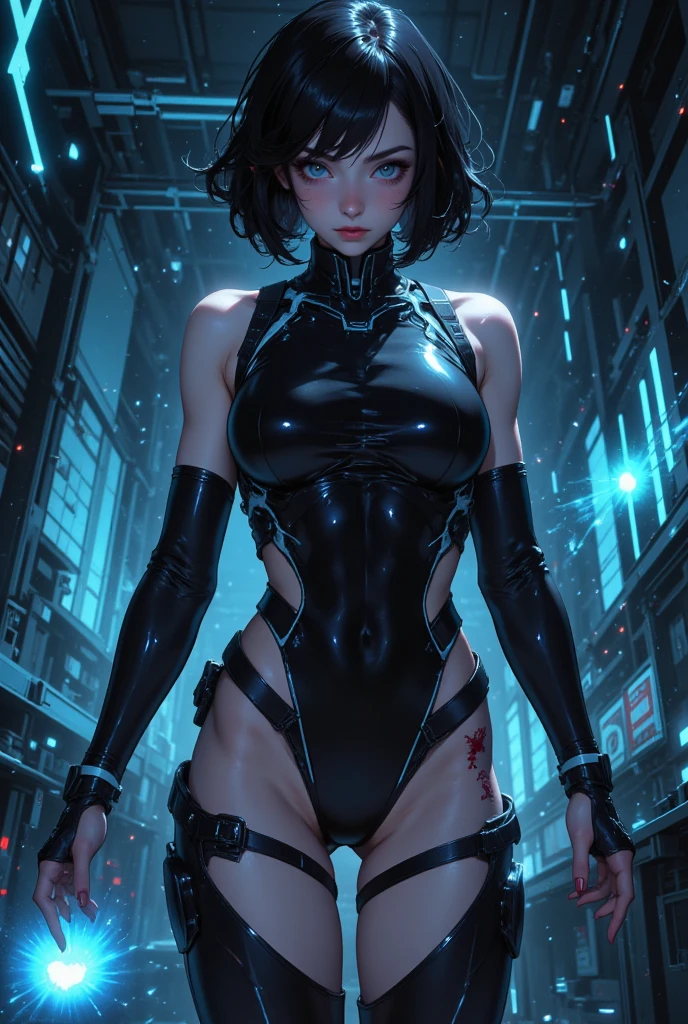 sexy girl, black lipstick, short hair, black stockings, thick ass, clothes, solo, cyberpunk, cyberpunk style, clothes in cyberpunk style. Fully dressed