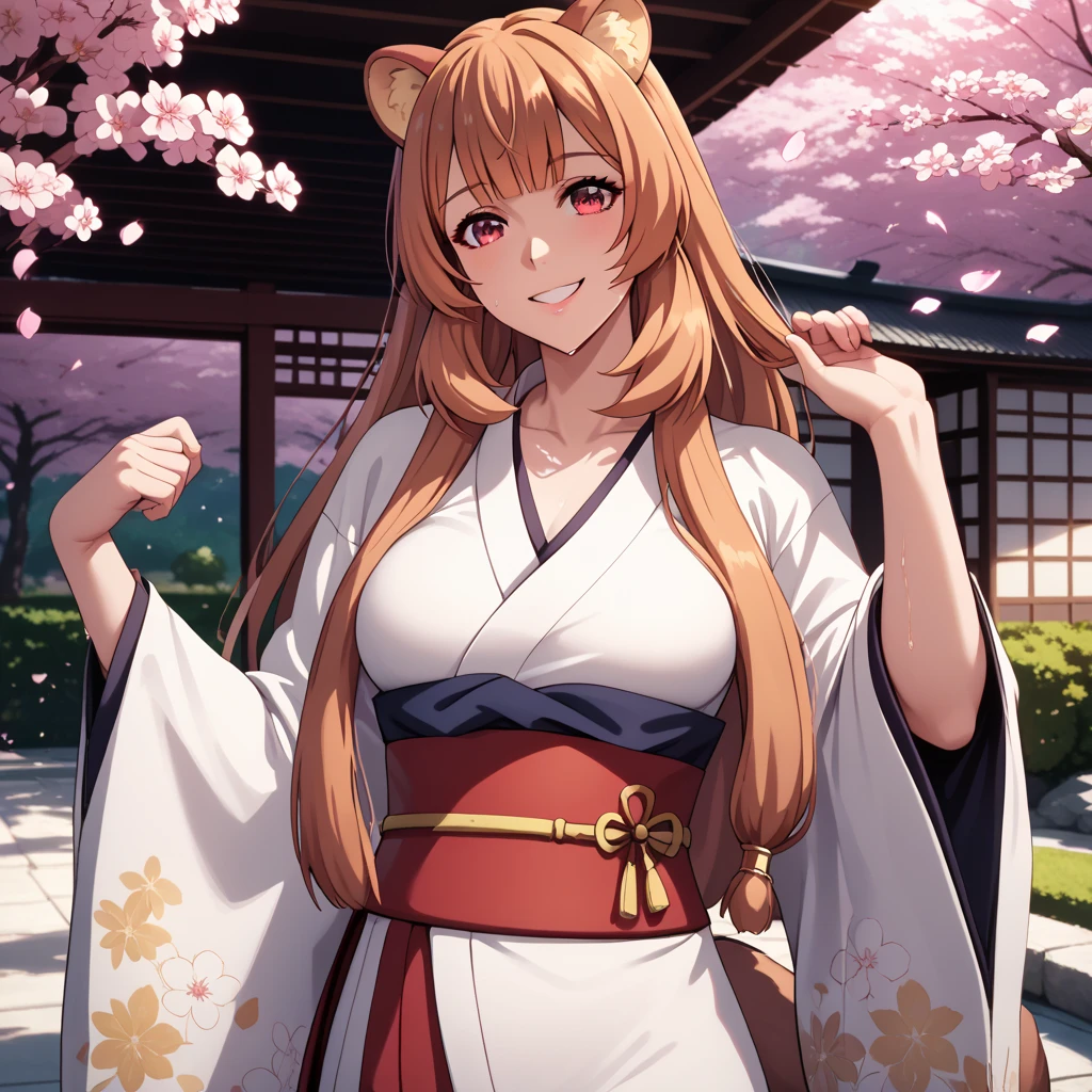 Raphtalia woman 35 years old straight orange hair , bear ears redondeadas, red eyes like ruby., flirtatious smile, pale skin, big breasts, japanese priestess clothing, White and red, pink belt, , bear ears, , background of a japanese garden, cherry trees. perfect hands.