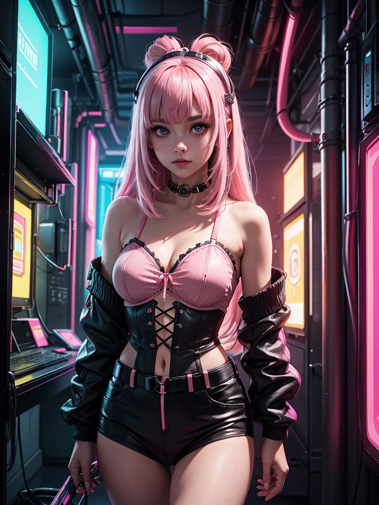<lora:zoe Palworld_20240126194346:0.8>, zoe(palworld), best quality, masterpiece, illustration, realistic, photo-realistic, amazing, finely detail, incredibly absurdres, huge filesize, ultra-detailed, highres, extremely detailed CG unity 8k wallpaper, nsfw, A cute woman with pink irises and black pupils, black choker, pink and black twin tails, red and black split bangs, blushing cheeks, pink lipstick, black eyeliner, torn crop top and skirt showing cleavage, midriff and thigh, red armband, black unzipped jacket with silver zipper in front, multicolored hair, wearing a hat with cute badges and two cat ear-like triangles on top, side locks of hair next to her cheeks, black fingernails. She also has a black garter belt on her right thigh. She is standing with a neutral expression in a dark space with dim blue neon lighting in the background. The left thigh high sock is ripped, pink and black gradient. The right knee sock is red and blue stripes.