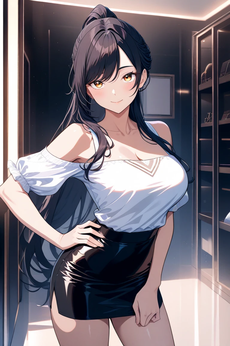 (yukinoshita_yukino:1.1), long hair, black hair, grey eyes, breasts, epic art, fantasy, breasts, solo, (shaded face:1.2), hollow eyes, (x-shaped eyes, symbol shaped eyes, cross eyes), looking at viewer, embarrassed, lips, makeup, brown eyes, blush face, steaming face, clenched teeth, breasts, solo_focus, tank_top, large_breasts, cleavage, indoors, looking_at_viewer, black_skirt, upper body, glow effects, godrays, Hand drawn, render, 8k, octane render, cinema 4d, blender, dark, atmospheric 4k ultra detailed, cinematic, Sharp focus, big depth of field, Masterpiece, colors, 3d octane render, 4k, concept art, trending on artstation, hyperrealistic, Vivid colors, extremely detailed CG unity 8k wallpaper, trending on CGSociety, Intricate, High Detail, dramatic, anime coloring, anime screencap, steaming body, fog, heavy breathing, nsfw art, full body
