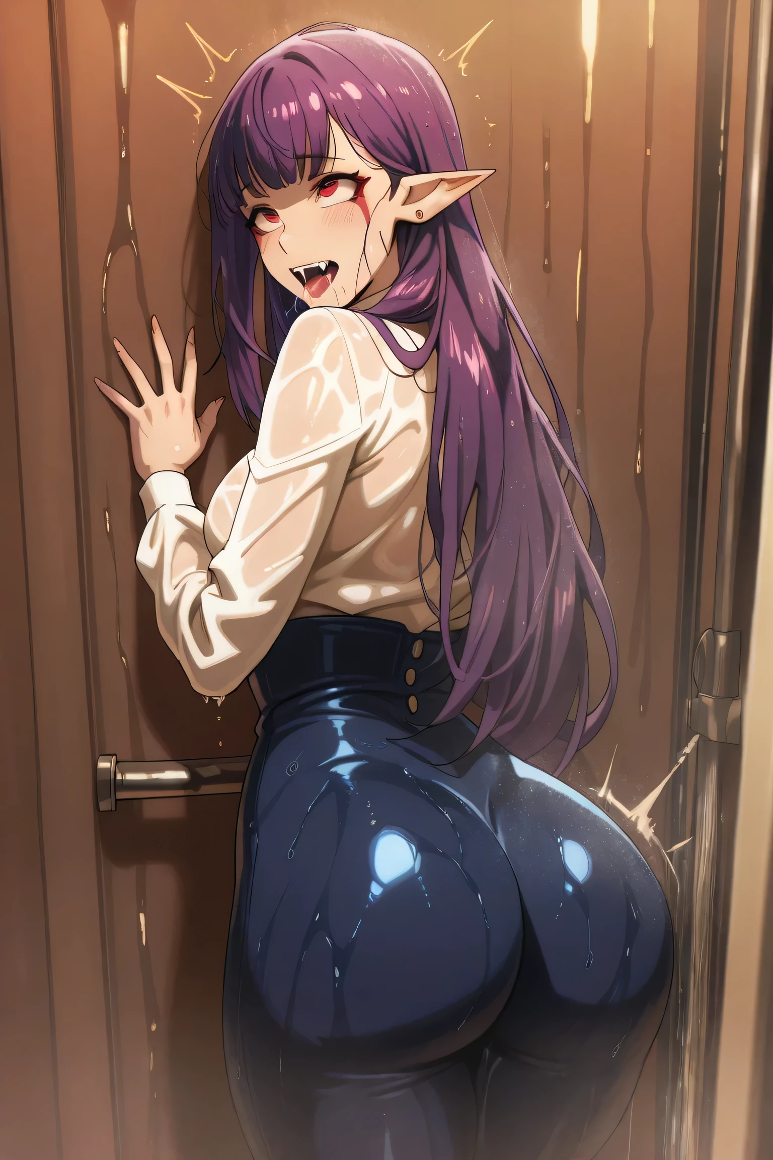 Esil Radiru, earrings, pointy ears, purple hair, red eyes, fangs, facial mark, in the background, a shower stall, a wet body, a confused expression on her face, medium breasts, bubble butt, Looks at the viewer, beautiful eyes, an hourglass waist, full frame, in full growth, the shadow of a dick on his face, She licks his lips, saliva flows, She gets fucked, ahegao's expression, sperm flows, big thighs, big ass, rear view, Fucking her, without clothes, beautiful face, right fingers, beautiful fingers, beautiful face