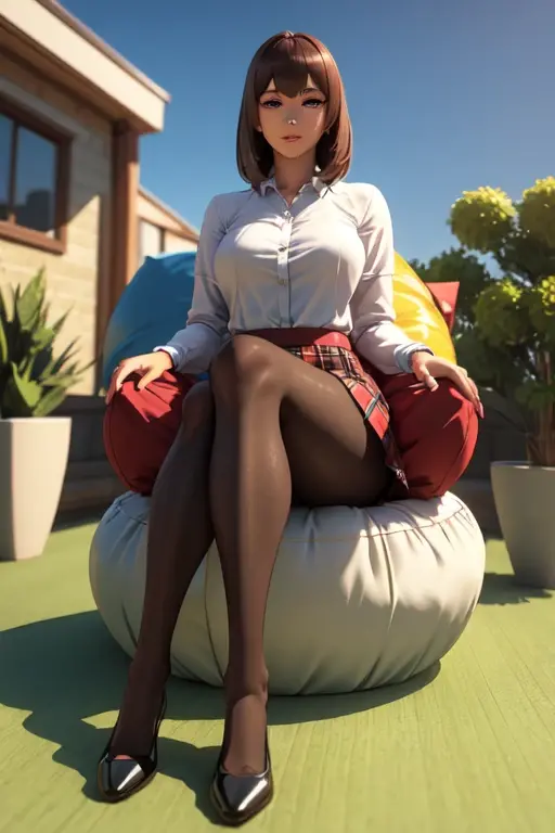 a fat lovely woman。Look at you with tender eyes(Brown eyes) sitting in the jazz room of theater。playing on big black violin 。 wearing short red trasser and red lif)medium tockings on the fat legs(A detailed)。Wearing cotton slippers on feet。Dewy, smooth and fair skin。There is a cute hairpin on the head。Perfect fat body proportion。Beautiful fat figure。8 k hd wallpaper, (modern style home)the soft light。 。With a charming and charming attitude