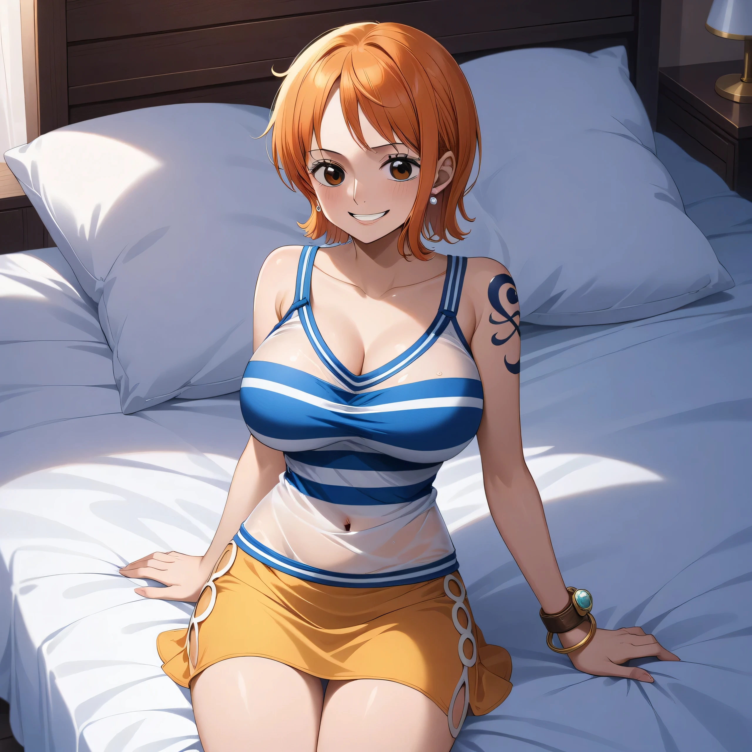 (masterpiece, Best Quality, very aesthetic, Super Detail), Complicated Details, 4K, Anami , hair bow, earrings, brown eyes in the bedroom, shoulder tattoo, , clavicle, Bare shoulders, orange hair, short hair, brown eyes in the bedroom, white shirt, striped shirt, yellow skirt, bracelet, band, 前かがみ, standing, cowboy shot, smile, , happy, Outdoors, Cherry Blossom、Big Breasts、see-through clothes、blush、lace panties、sits with legs open、,clothes are see-through and bras are visible