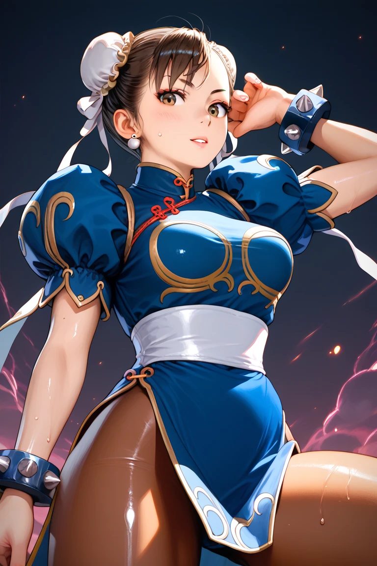 Street fighter chun li smiling, showing armpits, half naked.(((half naked))) colorful background, wallpaper, sexy look.
