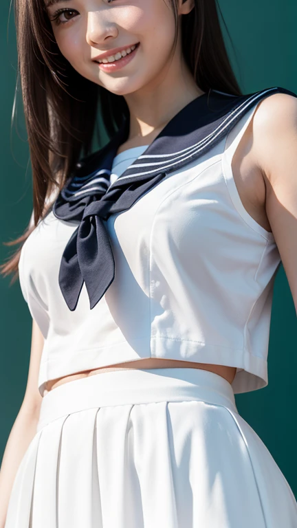 (close up:1.5), raw ((Portrait)), (Best Quality), (Realistic, Photorealsitic:1.3), Best Quality, masterpiece, extremely delicate and beautiful, (cleavage:1.3), Extremely detailed ,nffsw , amazing, finely detail, Highly detailed ticker Unity 8k wallpaper, huge filesize , Ultra-detailed, high resolution, Extremely detailed, Strong winds are blowing, low pony tail, (((a sailor suit))), (((Junior High School Uniforms:1.2))),((Navy Blue Check Pleated Skirt Long Length:1.4)), (((a high school student))), slender, (tiny chest:1.6), Dynamic Pose, dynamic angle, ((nffsw)), Hair blown in the wind