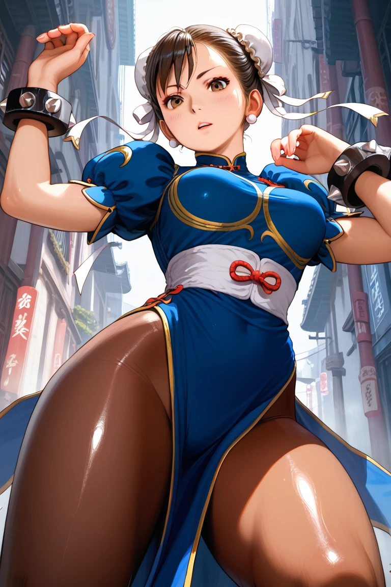 Chun-Li, Street Fighter, beautiful thick thighs, sexy thighs, , looking straight ahead, beautiful dark eyes, detailedeyes, nice face, brown pantyhose, White Boots, victory pose, beautiful smile , in a Chinese city in the afternoon