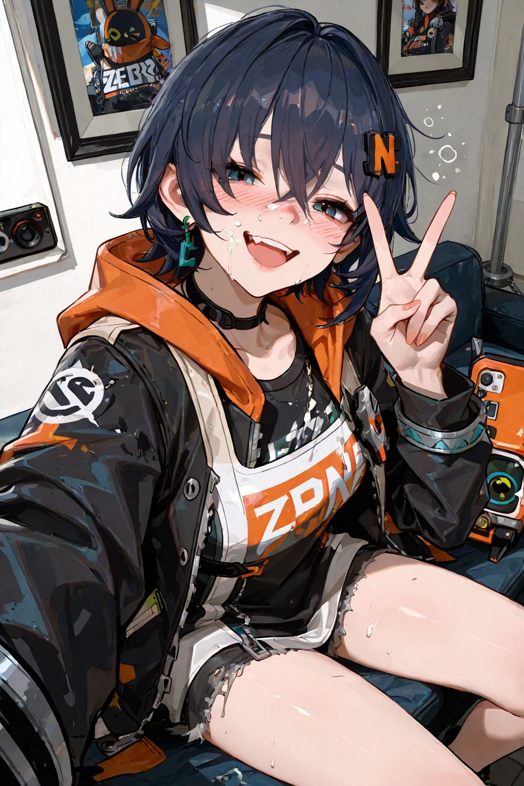 masterpiece,best quality,1girl,solo,looking at viewer, upper body,(simple background), heterochromia, earphones, angry,crazy,
