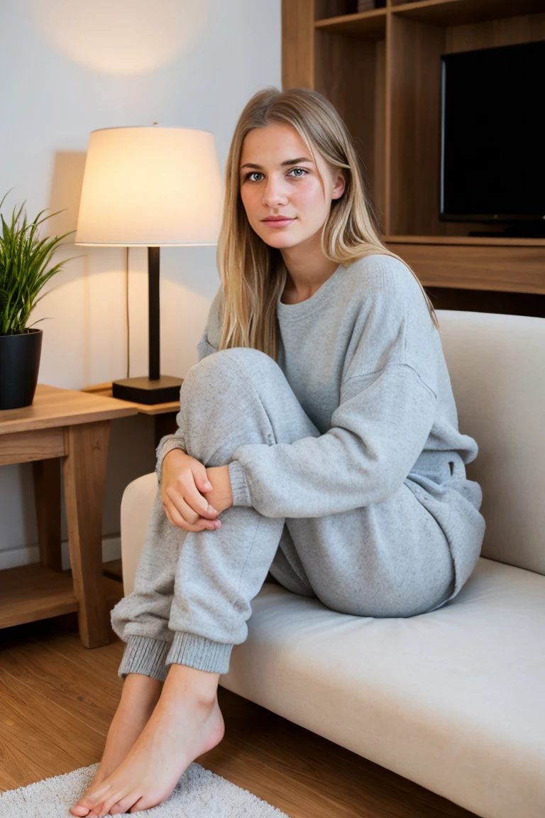 full body photo of a 25 y.o american woman, beautiful girl with long thick wavy blond hair, shiny skin free of imperfections, (in gray sweatshirt-like pajamas, sitting on a beautiful wooden chair,  breakfast, without make up, very natural, photo of cozy modern interior, sunlight, window, sunshine, fireplace lit in the background, smoke coffee on table, (1person in background)), film grain, UHD, masterpiece, anatomically correct, high details, textured skin, award winning, ultra realistic