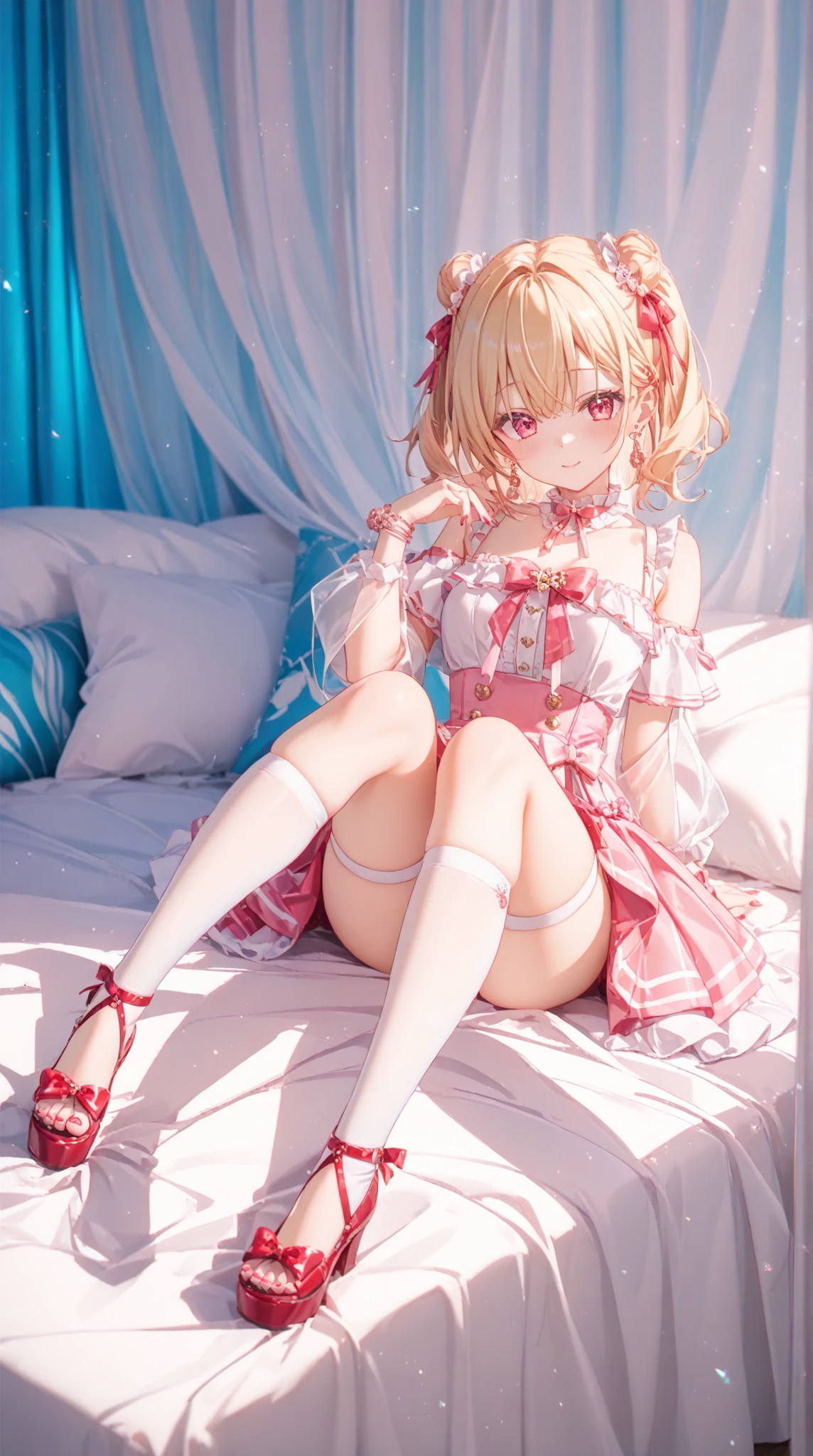 (masterpiece), highest quality, High resolution, very detailed, detailed background, perfect lighting, indoor, 1 girl, small, looking at the viewer, , Maid clothes, carrying a pink school bag backpack, (Randoseru Backpack:1.0),lower body tightening, simple background, Perfect for your skin, cute expression ,table top,(highest quality,(shiny skin),Realistic,please lie down on the bed,feet apart,spread her legs,big breast figure,put your hand next to your face,near,smiling face,white sheer lace bikini,fluoro areola,white transparent fabric,blonde hair,Bloon Eyes,face turns red