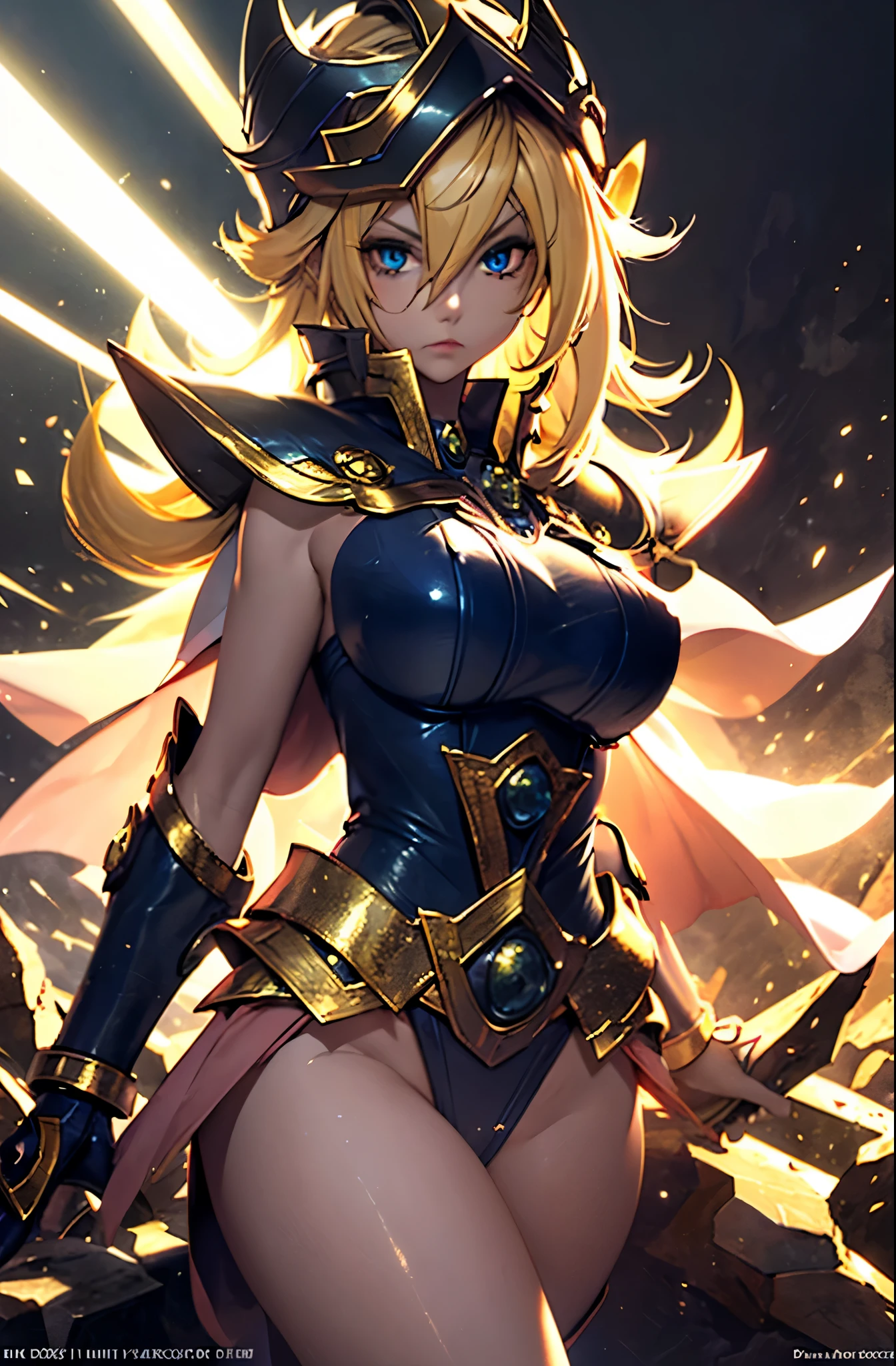 ((best quality)), ((masterpiece)), (detailed), 1girl, 8k_wallpaper, extremely detailed eyes, extremely detailed body, (large masterpiece digital art), ((perfect anatomy huge chest)), (intricate details:1.3 ), (ultra-detailed:1.3), (sharp focus:1.3), (natural lighting:1.05), (vivid colors:1.3), (best quality:1.4), high quality, expressive eyes, full body, tall girl, detailed face, beautiful face, perfect face, detailed ((blonde hair)), (gold eyes), ((large big red and blue horns)), {{dark skin}}, ({dark skinned female}), gigantic breasts, thick thighs, strong arm and leg muscles, strong abdominal muscles, Monster women, Korean women, wearing a modern short black cloth jacket with rolled up sleeves, (wearing heavy gold colored steel armor), a wide red leather belt with blue steel yarn, steel boots, steel thigh guards, running under by the light of the moon through the forest with long daggers in hands against a background of blooming flowers and grass with tall trees,