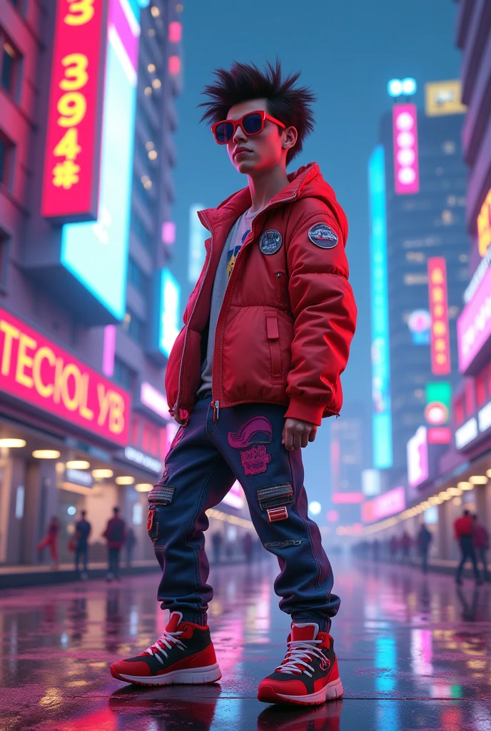 guttonerdvision4, a 3 year old boy wearing glasses, detailed skin and face, half body, with hooded leather clothing, cyberpunk style, neon, colored lights, ultra realistic rainy cyberpunk city scenery, realistic character,