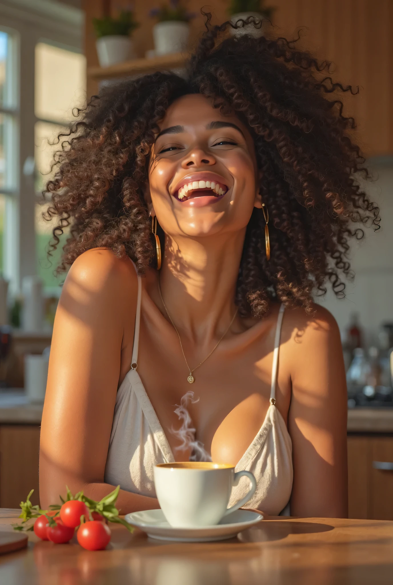A Brazilian woman in a room, wearing an open shirt with a floral print, with a close-up capturing the harmonious beauty, showing off your natural charm and happy personality, holding a small red pot about 8cm high and 2cm in circumference, the pot will be positioned a little above the chest predominant red colors,