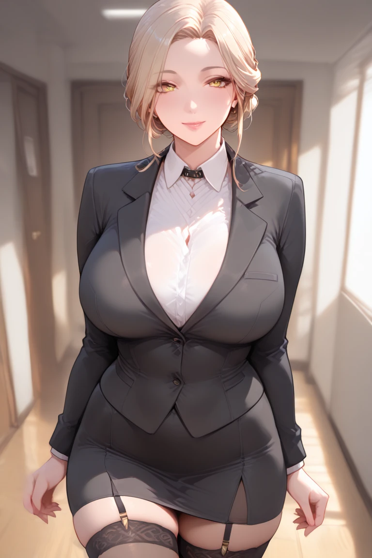 (aafutaba), medium hair, ponytail, (business suit), (office lady), (collared shirt), grey jacket, grey skirt, pencil skirt, pantyhose, (blonde hair:1.4), BREAK (skindentation), cute, feminine, detailed body , (detailed face:1.1), (perfect eyes), 4k, beautiful, (1girl:1.4), (gigantic breasts:1.2), thick eyelashes, long eyelashes, perfect dynamic composition, (wide hips), (thick thighs:1.2), (dark skin:1.3), ((very dark skin)), mature female, eyeliner, long eyelashes, thick thighs, tight , skin tight, heavy breathing, looking at viewer, cowboy shot, blush, thick lips,(huge lips:1.1) , (massive lips: 1.1), (parted lips:1.1), (thick lips:1.2), (8k), (4k),(Masterpiece), (Best Quality), fantasy, extremely detailed, intricate, hyper detailed, detailed eyes,(perfect face), illustration,soft lighting,(specular lighting:1.4),shiny skin,looking at viewer, ultra high res, intricate, hyperdetailed