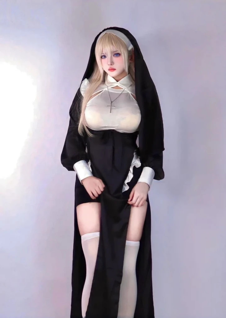 masterpiece, best quality, cosplay, mature female, nurse, nun, absurdly long hair, high heels, light blush, heart-shaped pupils, huge breasts, one breast out, transparent underwear, no_panties, wedding_dress, white pantyhose, halo, skirt lift, pussy_juice, cum_on_hair, panties_around_one_leg, walk-in,