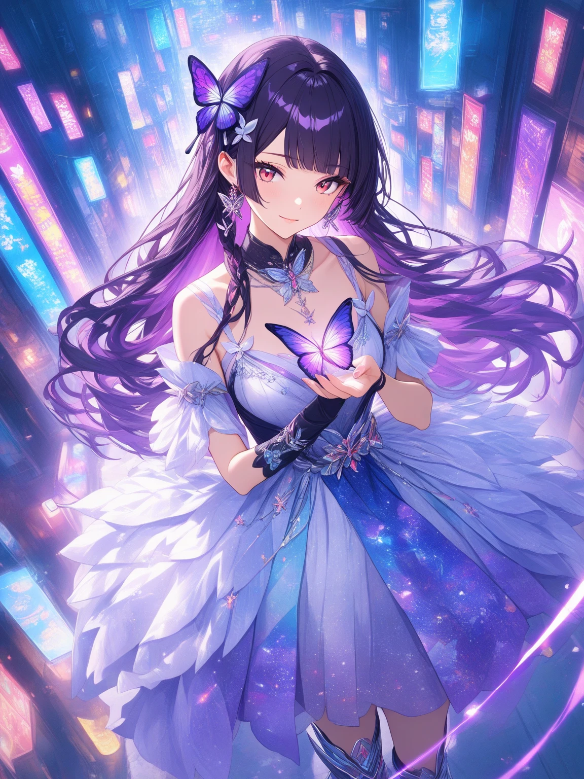 (masterpiece, top quality, best quality, official art, beautiful and aesthetic:1.2), (1girl), extreme detailed,(fractal art:1.3),colorful,highest detailed,upper body, [lace],[jewelry],[flower],[[butterfly]],