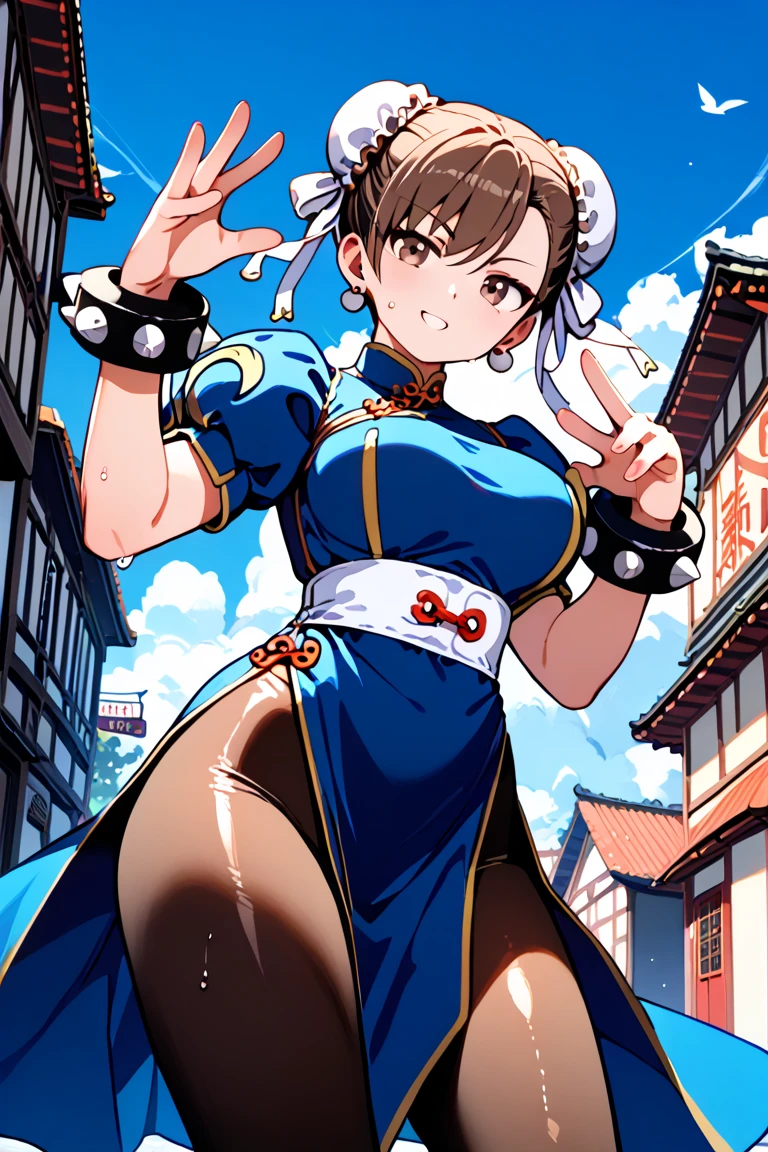 1girl, (solo:1.2), (jumping:1.3), (mid air:1.3), (cowboy shot:1.5), smile, happy, (masterpiece:1.3), (best quality:1.3), (perfect anatomy:1.4), highly detailed, chun li, brown eyes, short hair, brown hair, double bun, bun cover, blue dress, pelvic curtain, spiked bracelet, sash, brown pantyhose, (post fight scenery:1.3), rubble, outside, daylight, nyantcha, expressive faces, anime-inspired, (cell shading:1.2), lips

