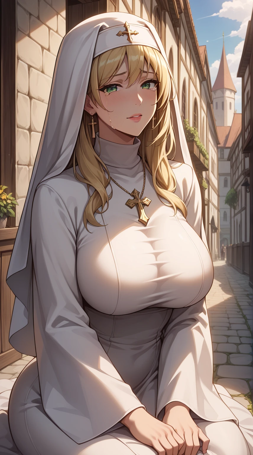 Billie Eilish, (masterpiece quality, (masterpiece quality:1.3), realistic, (realistic:1.3), 1girl, (1girl:1.9), solo, (solo:1.9), in a German village, German houses in background, wearing nun outfit, (nun outfit:1.5), big breasts, (big breasts:1.5), thin body,