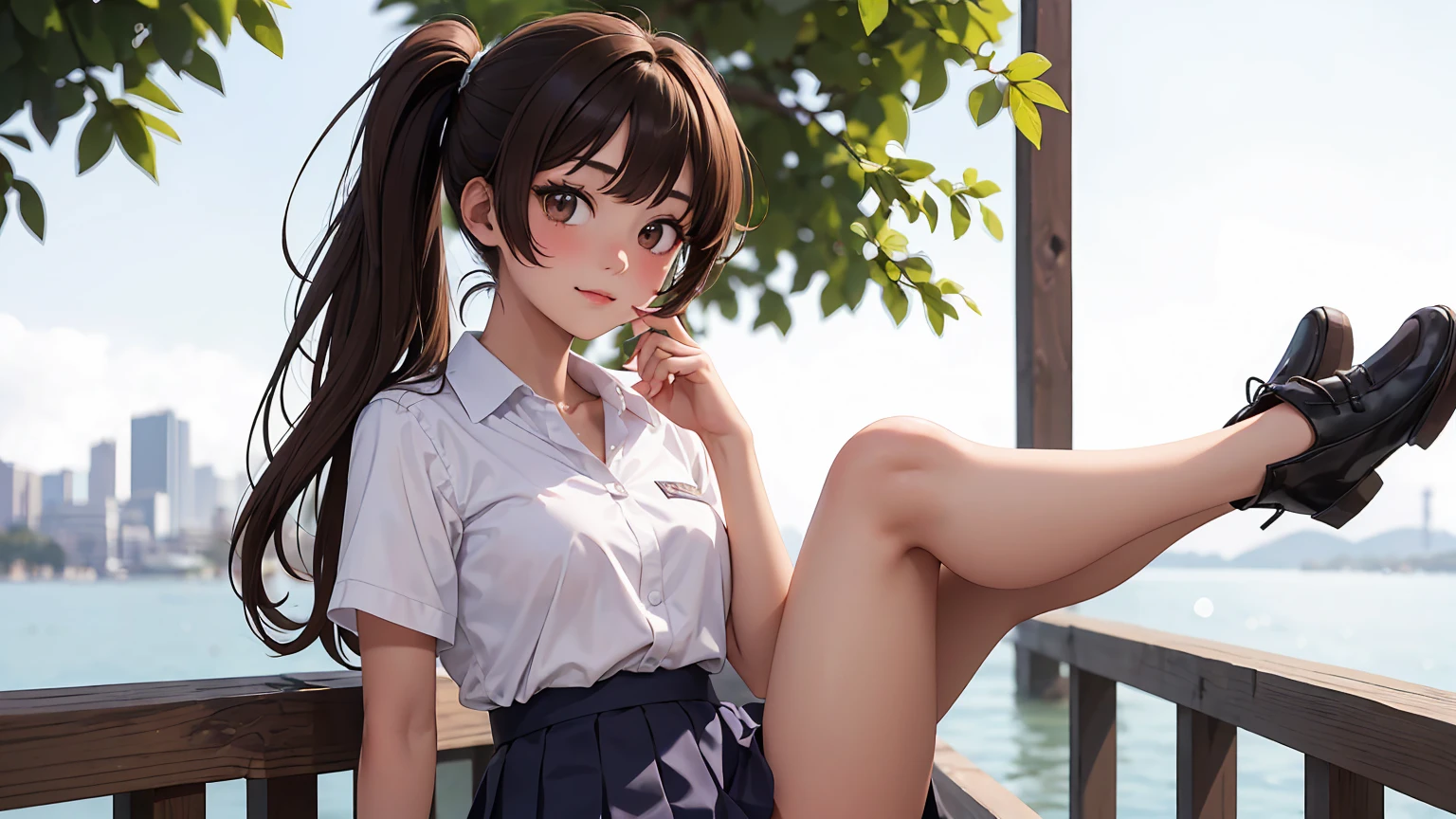 solo, pure happiness, Ultra-detailed, (Realistic, Photorealistic:1.0), vibrant colors, (winter background), heaven, falling snowflakes, cute lonely selfish 1girl heroine, (holding a magical wooden wand), wicked smirk, mean, standing, walking, flat chest, skinny, very thin legs, anorexic, ((young)), school girl uniform with (fishnets) and ribbon, handbag, school bag, purse, silk arm warmers, short skirt, high heeled boots, red scarf, brown hair, luxurious jewelries, necklaces, pendants, bracelets, earrings, tiara, (glowing shiny magical blue eyes), looking down at viewer, (from below), hair ribbon, hair flower, depth of field, cinematic lighting, bokeh, masterpiece, anatomically correct, (close-up)